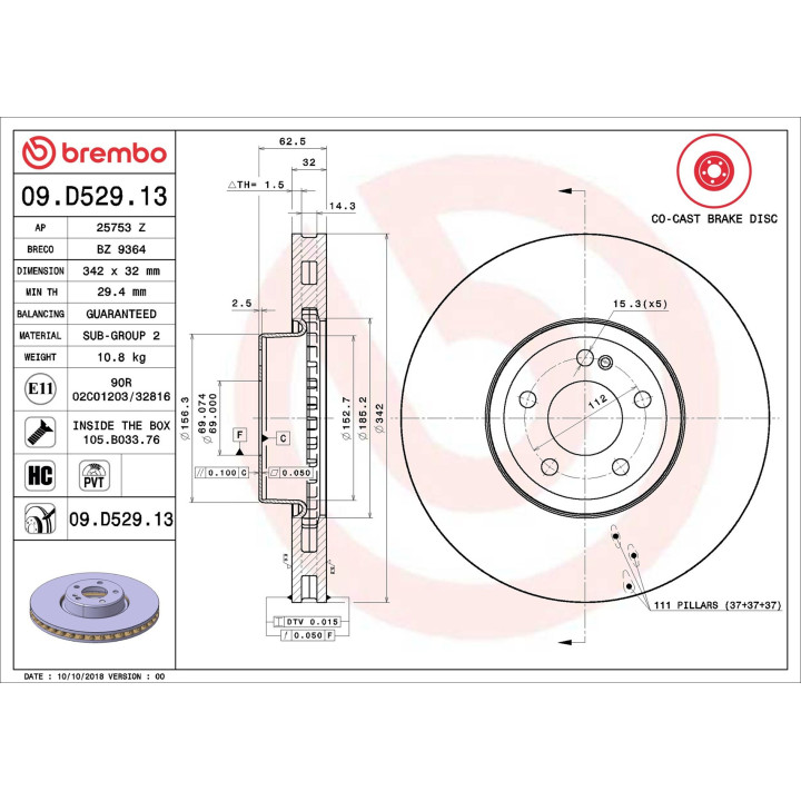 Disque de frein 09.D529.13 BREMBO